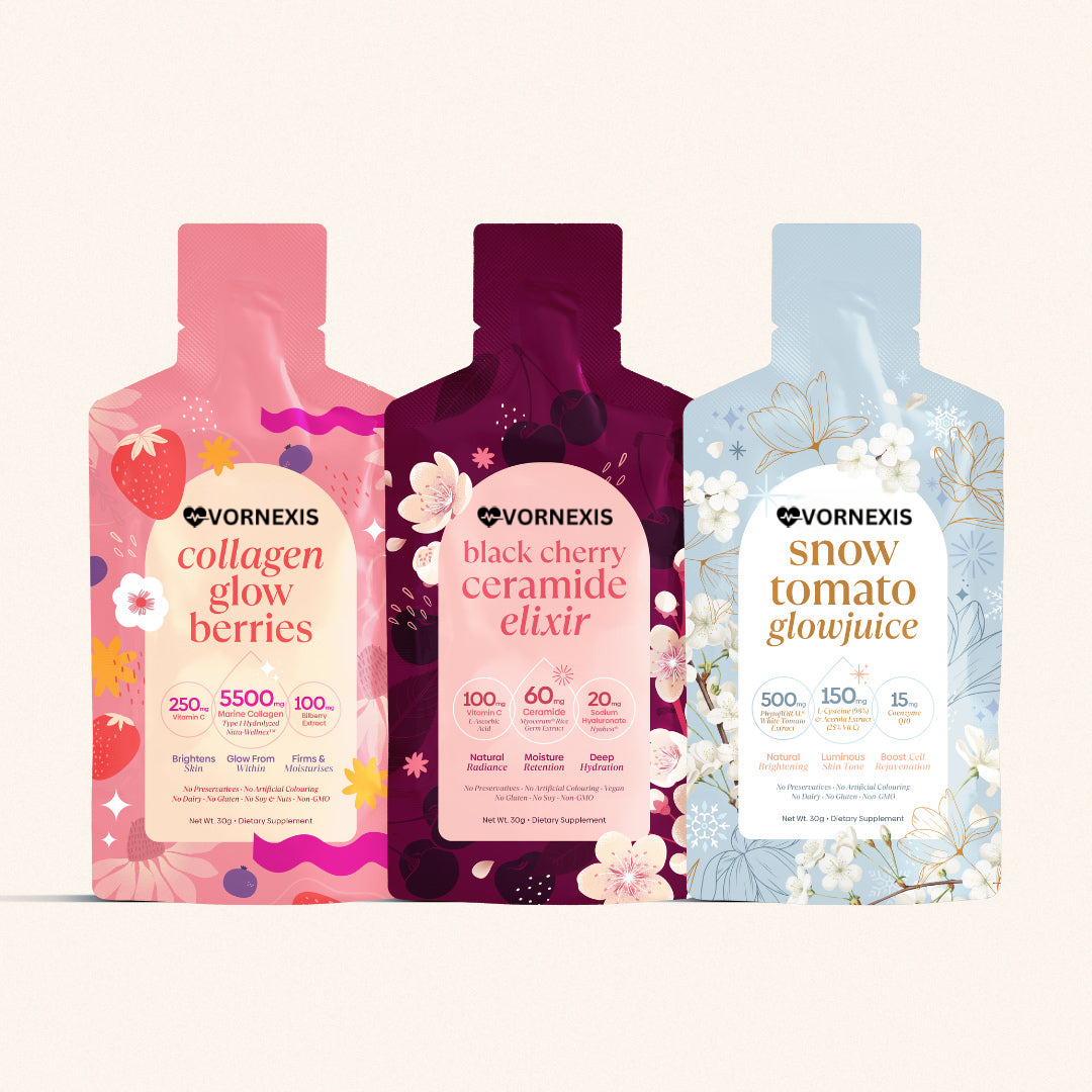 Skincare Trinity Bundle: Collagen Glow Berries + Snow Tomato Glowjuice + Black Cherry Ceramide Elixir